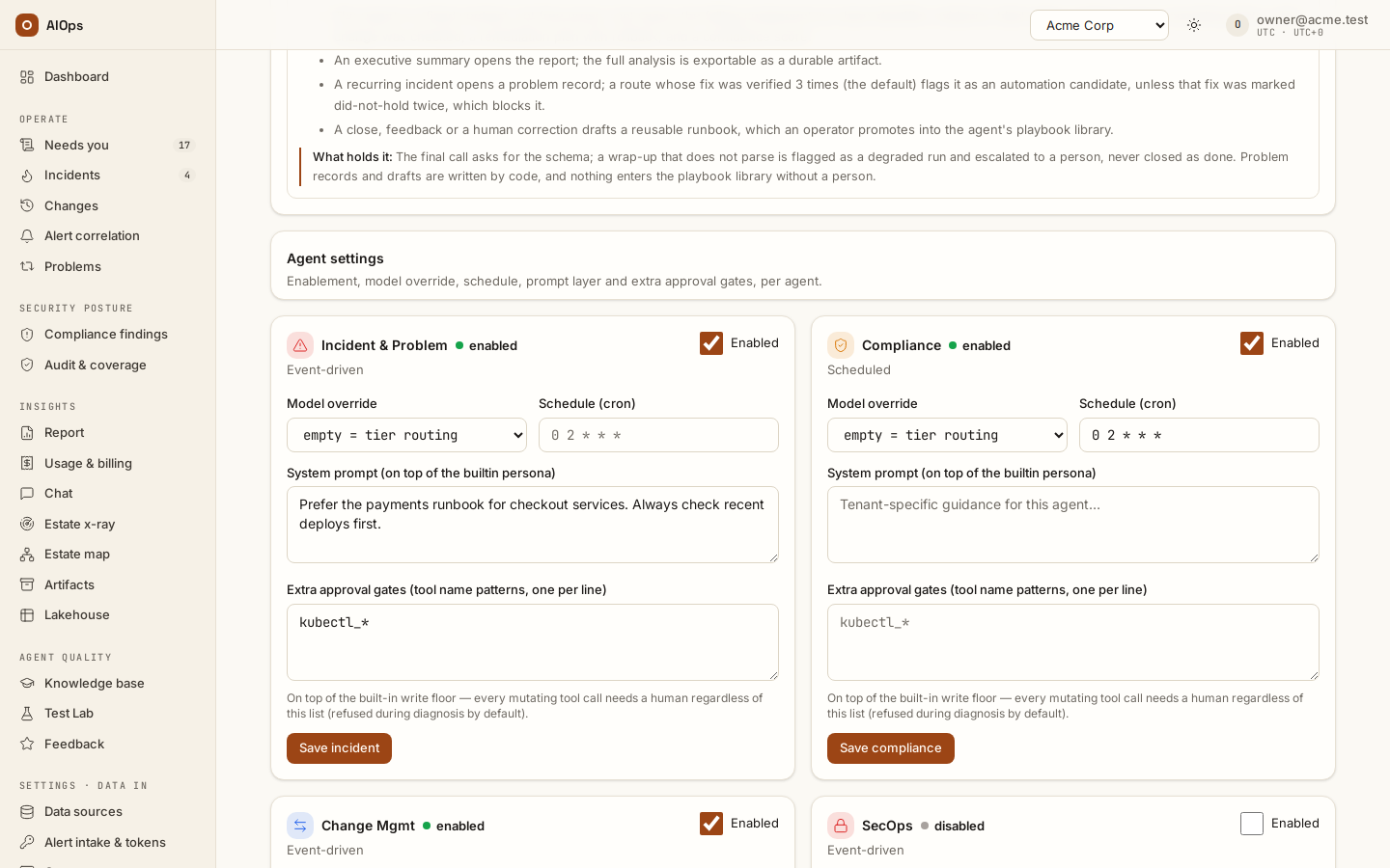 Agents → the Compliance agent: enablement, model override, Schedule (cron) in UTC, the tenant prompt layer and extra approval gates; Save compliance applies the schedule.