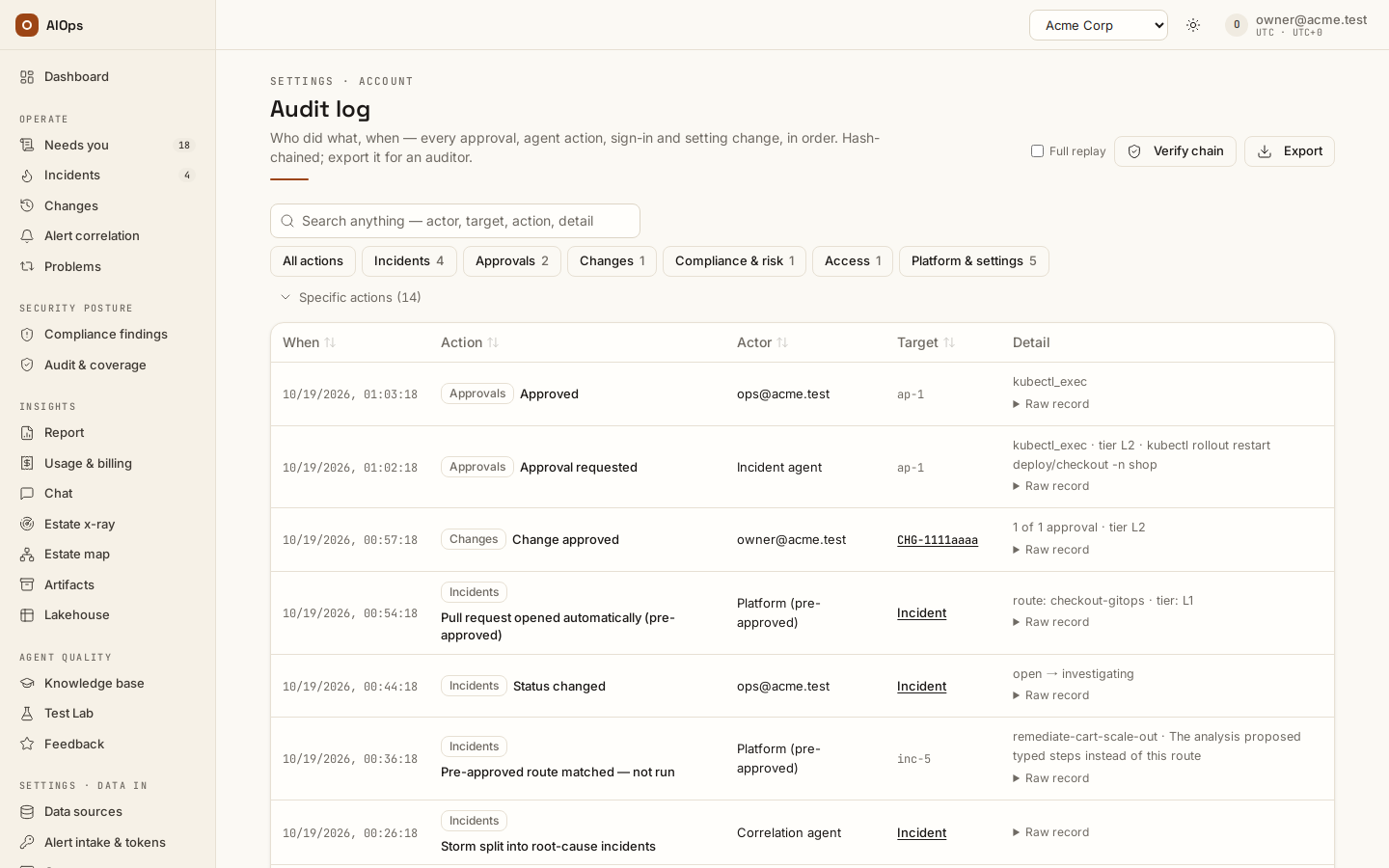 Audit log: every approval, agent action, sign-in and setting change in order — time, action, actor, target and detail with its raw record — with Verify chain to check the hash chain and Export for an auditor.