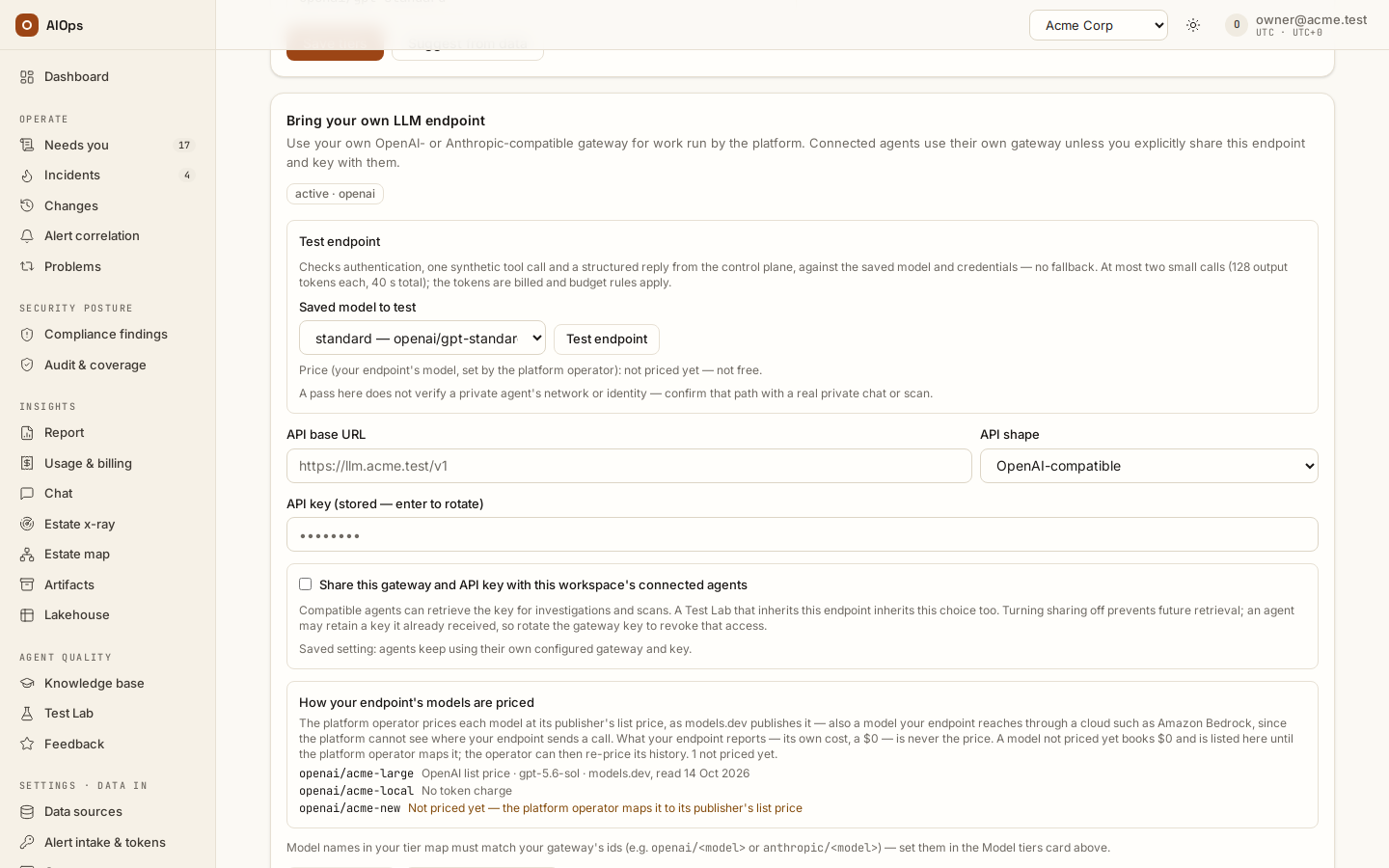 AI models → Bring your own LLM endpoint: Test endpoint against a saved tier, the API base URL and shape, the stored key and the sharing switch for connected agents.