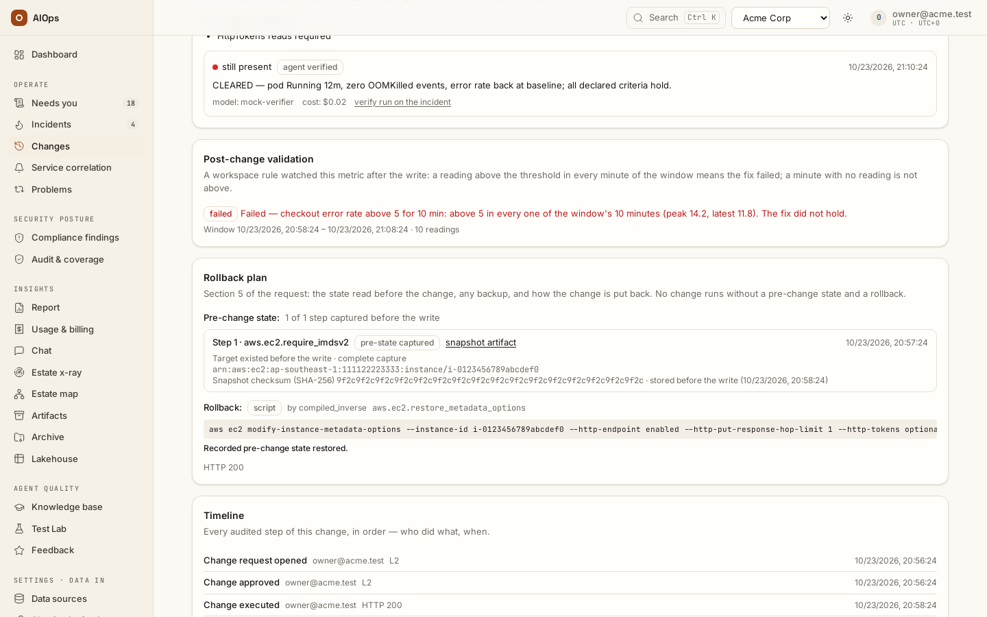 An executed API change, Rollback plan: the pre-change state per step — Step 1 · aws.ec2.require_imdsv2, pre-state captured, with its snapshot artifact and the SHA-256 checksum stored before the write — then the rollback compiled by code and the restore it recorded; the verification verdict and Post-change validation sit above it and the Timeline follows.