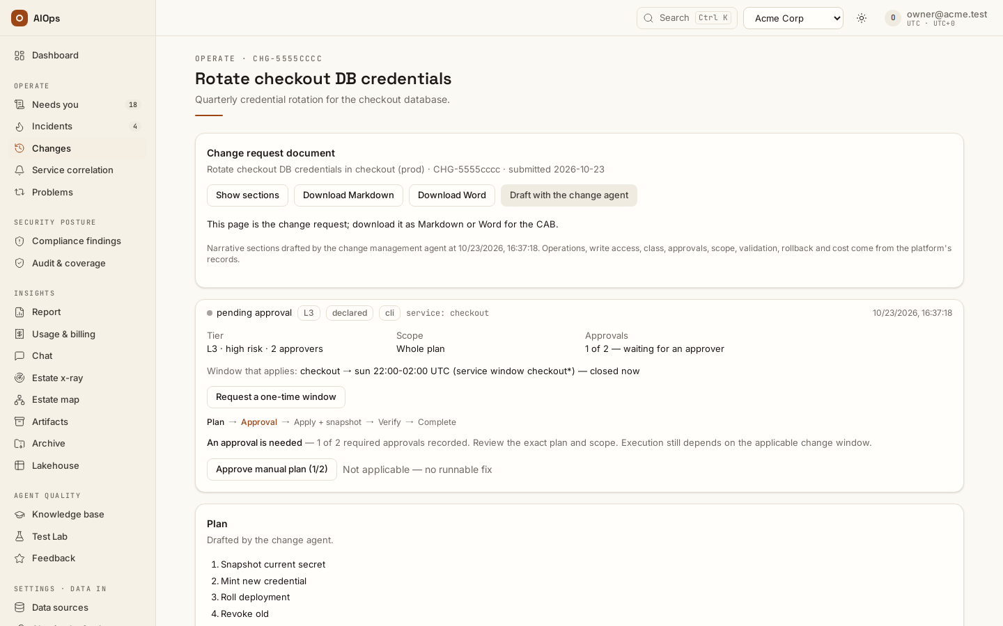 A change request parked at its quorum, below its Change request document card: pending approval, L3, 1 of 2 approvals recorded; the release still depends on the change window.