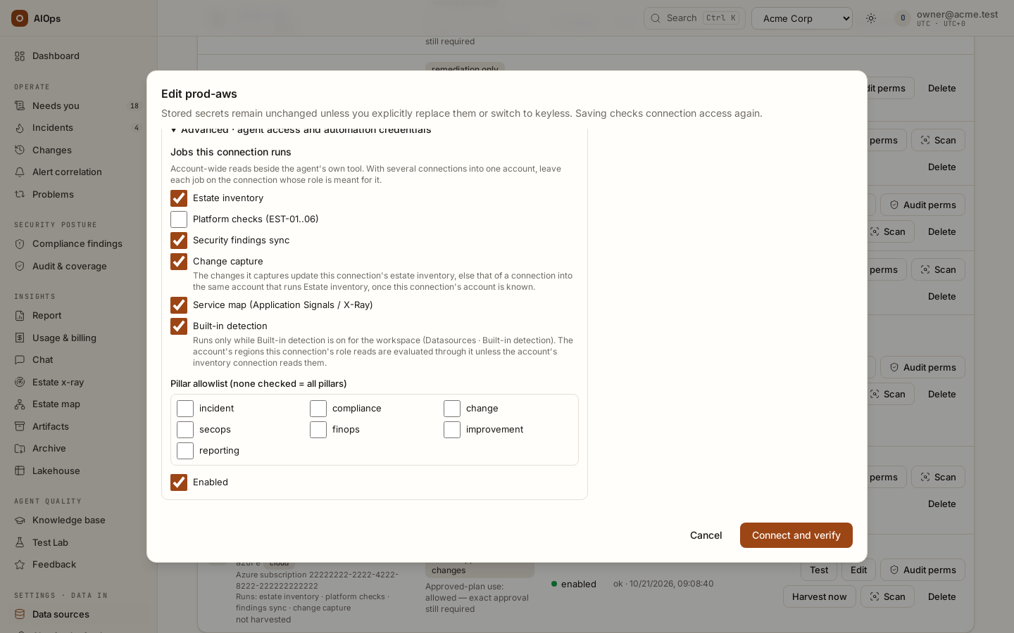 Edit connection → Advanced · agent access and automation credentials → Jobs this connection runs: Estate inventory, Platform checks (EST-01..06), Security findings sync, Change capture, Service map (Application Signals / X-Ray) and Built-in detection, then the pillar allowlist.