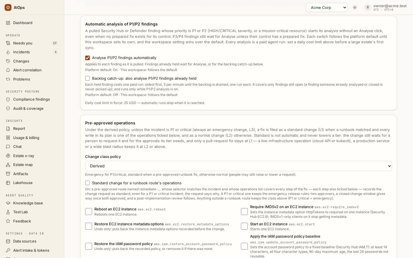 Guardrails → Automatic analysis of P1/P2 findings: the two switches, each stating the platform default and whether this workspace overrides it, and the daily cost limit in force.