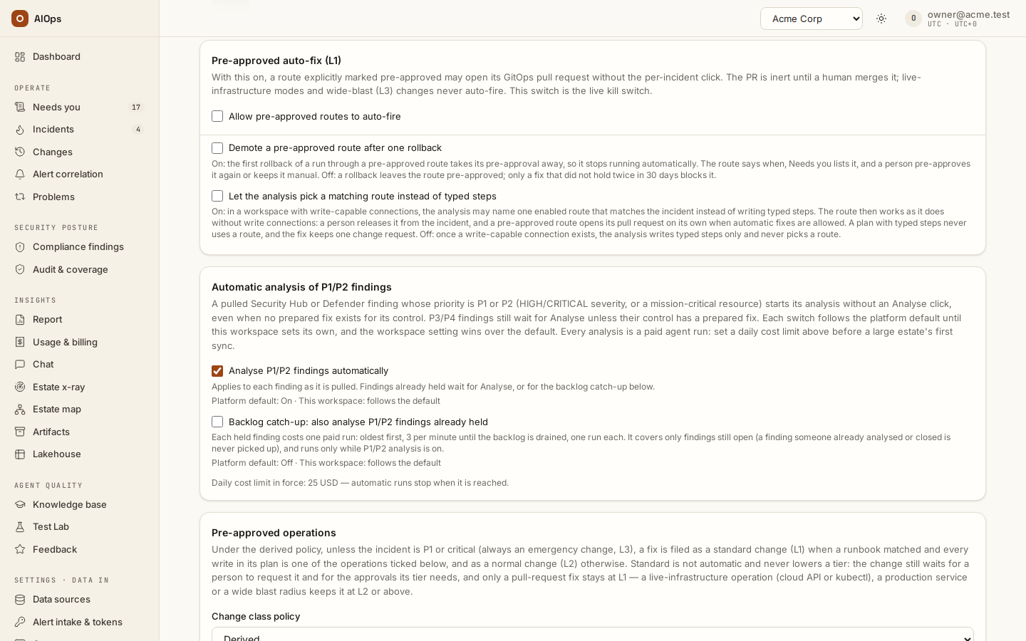 Guardrails → Pre-approved auto-fix (L1): Allow pre-approved routes to auto-fire, Demote a pre-approved route after one rollback, and Let the analysis pick a matching route instead of typed steps — all off until the workspace turns them on.