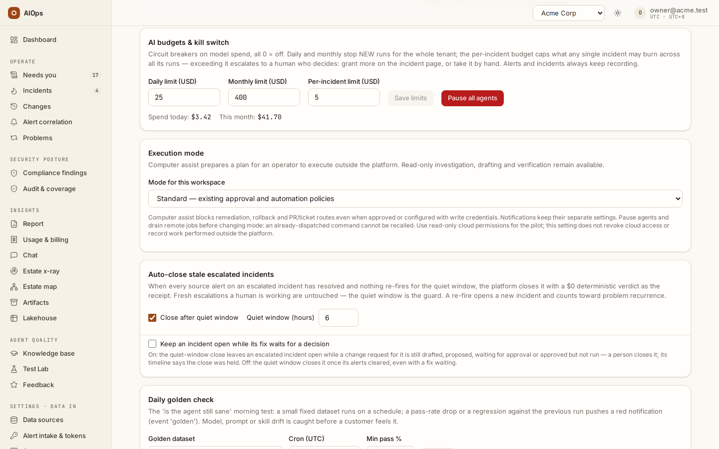 Guardrails → AI budgets & kill switch: the daily, monthly and per-incident limits, today's and this month's spend, Save limits and Pause all agents.