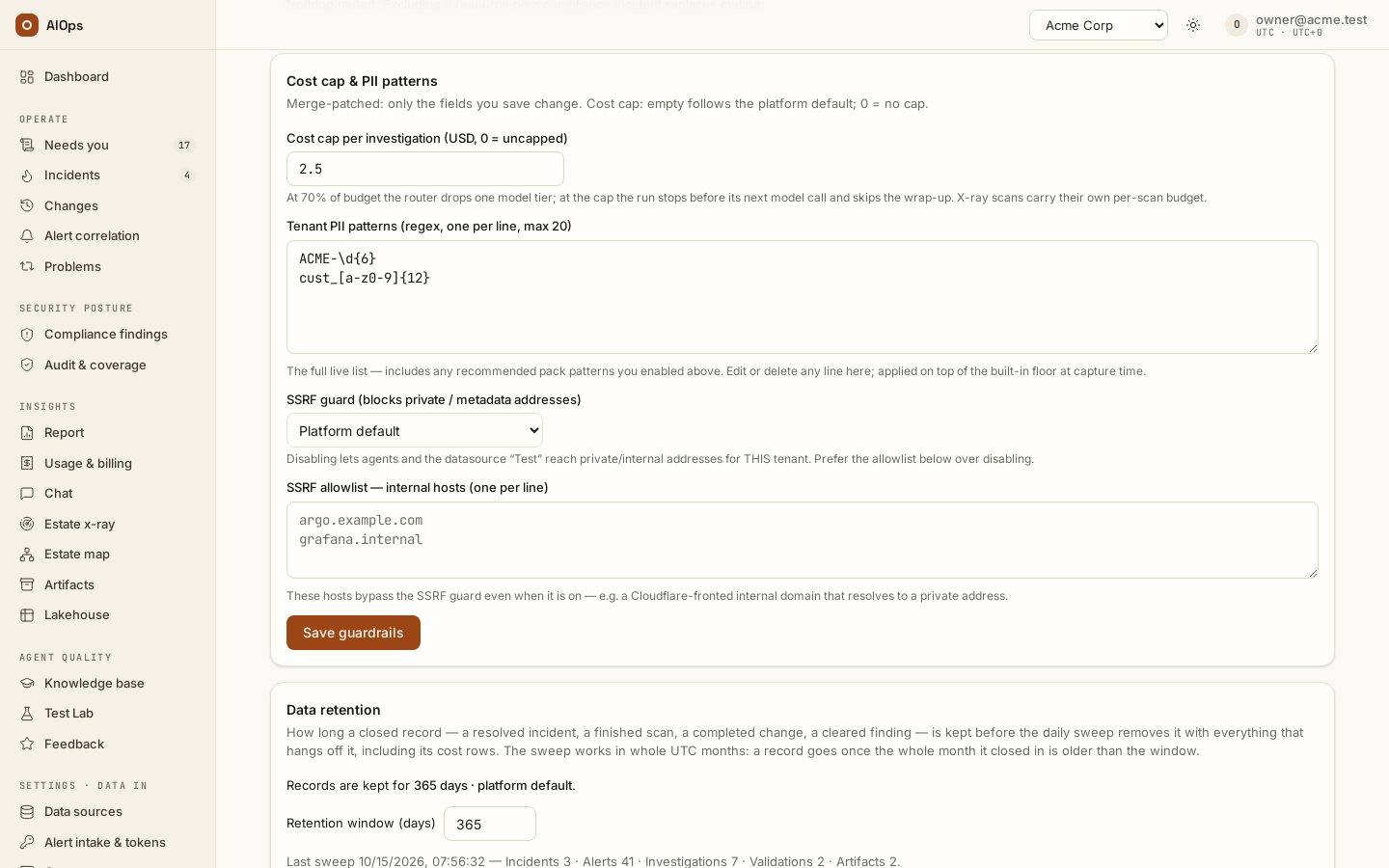 Guardrails → Cost cap & PII patterns: the per-investigation cap, the tenant regex list, the SSRF guard and its allowlist of internal hosts; Save guardrails is a merge-patch.