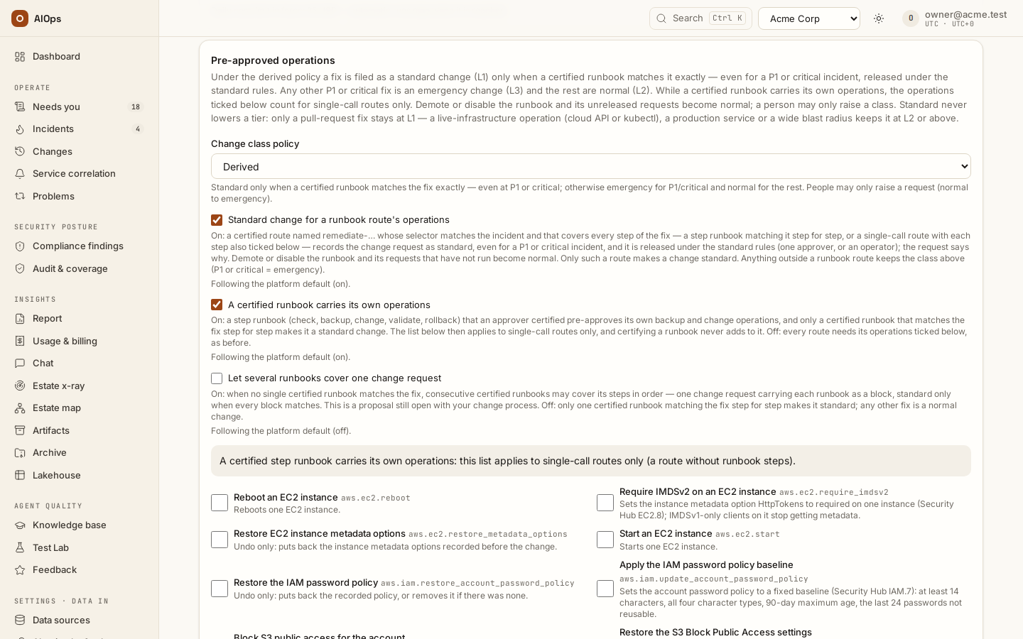 Guardrails → Pre-approved operations: the change-class policy, then the typed operations a workspace may pre-approve, each beside its restore; anything not ticked stays a manual proposal.