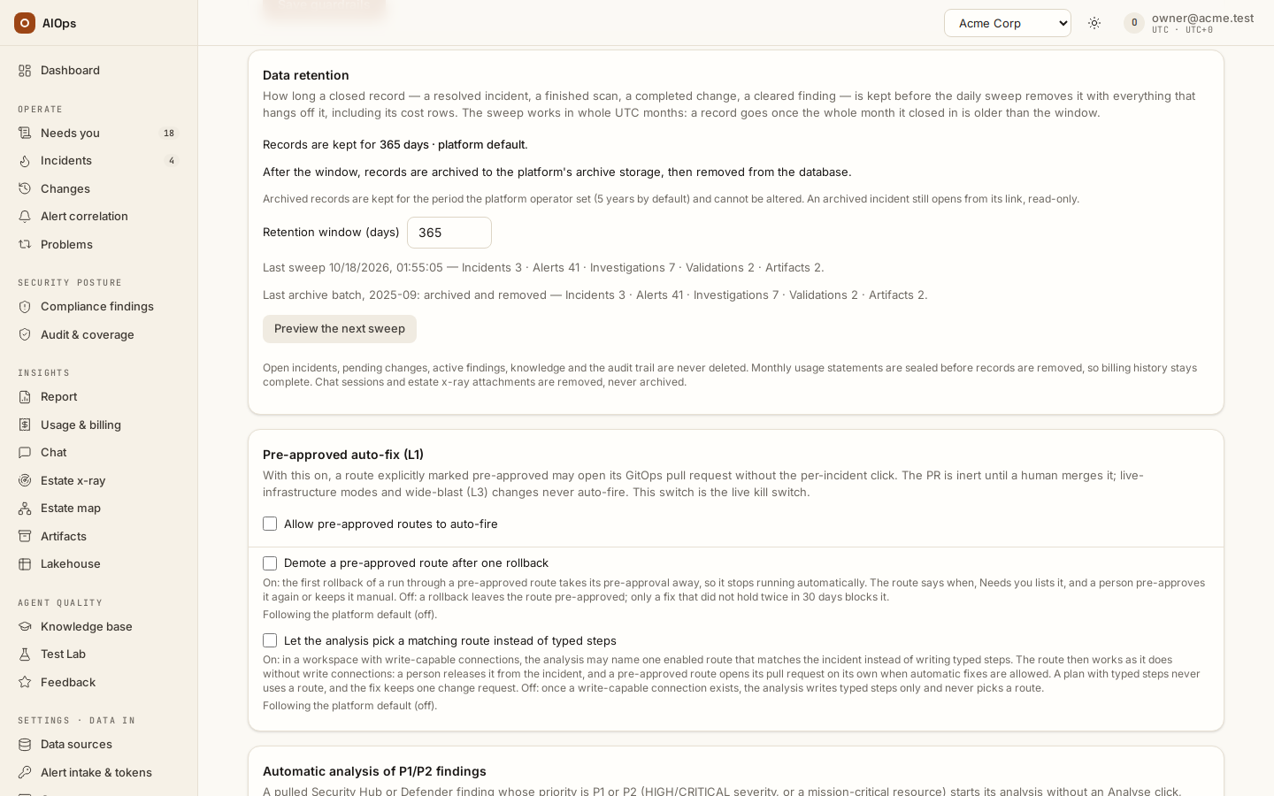 Guardrails → Data retention: the window in days — platform default or the workspace's own — what happens after it (archived, then removed), the last sweep's counts, the last archive batch, and Preview the next sweep.