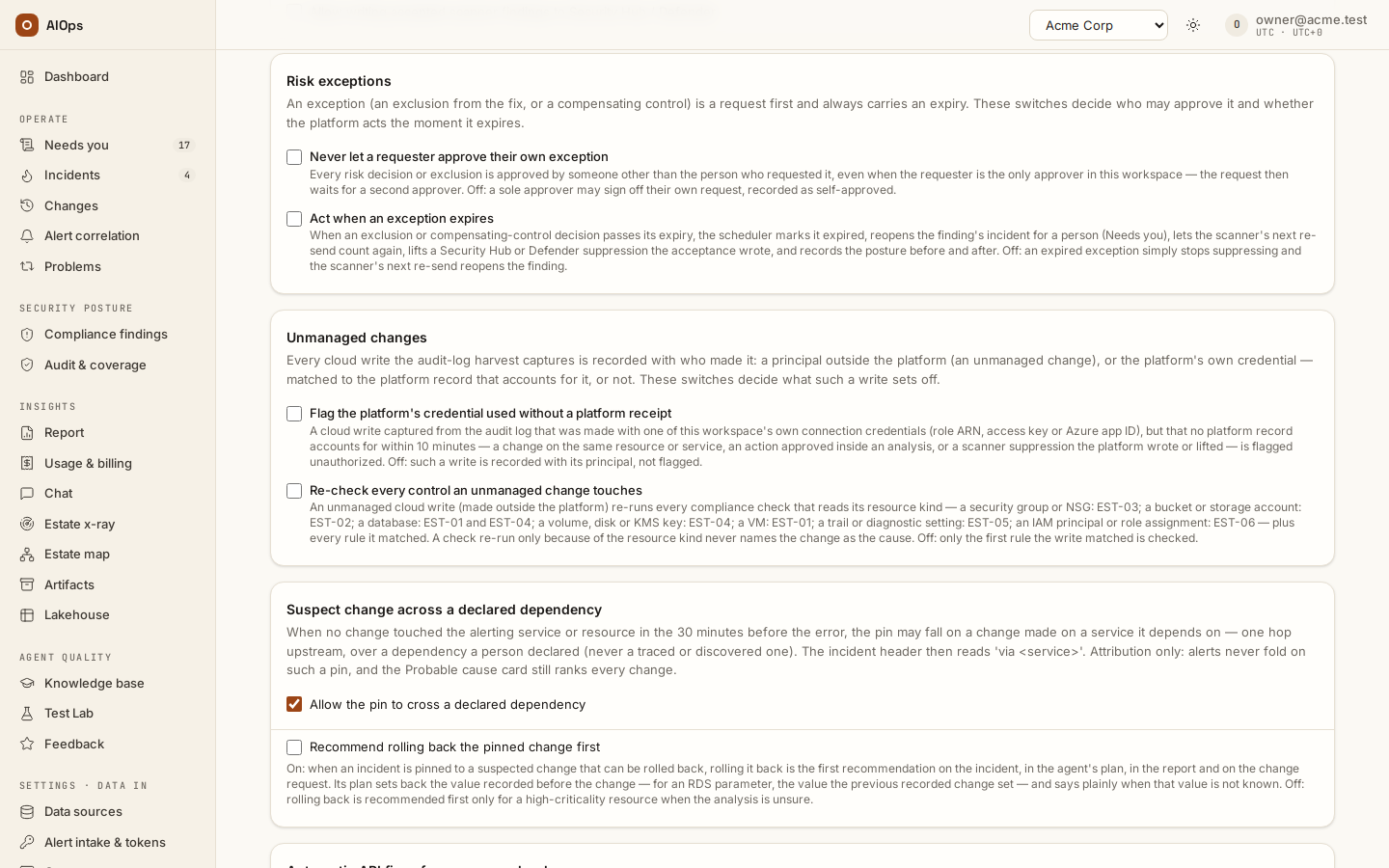 Guardrails → Risk exceptions and Unmanaged changes: no self-approval, Act when an exception expires, the flag for a platform credential used outside the platform, and the re-check of every control an unmanaged change touches.
