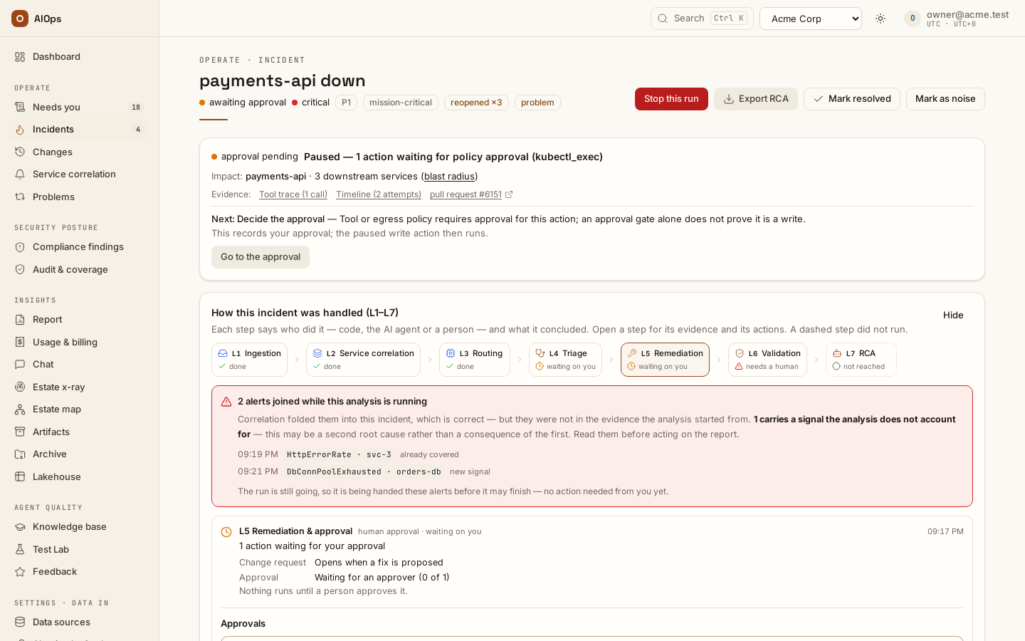 Incident page header: title, status, severity, priority, the reopened and problem chips, Stop this run, Export RCA, Mark resolved and Mark as noise, and the next-step banner naming what is paused and why.