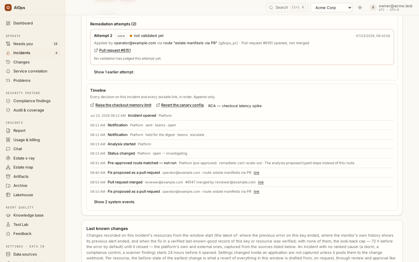 Incident page, Timeline: every notification sent or held for the digest is a row with its target kind and event, in order with the status changes and the fix links.
