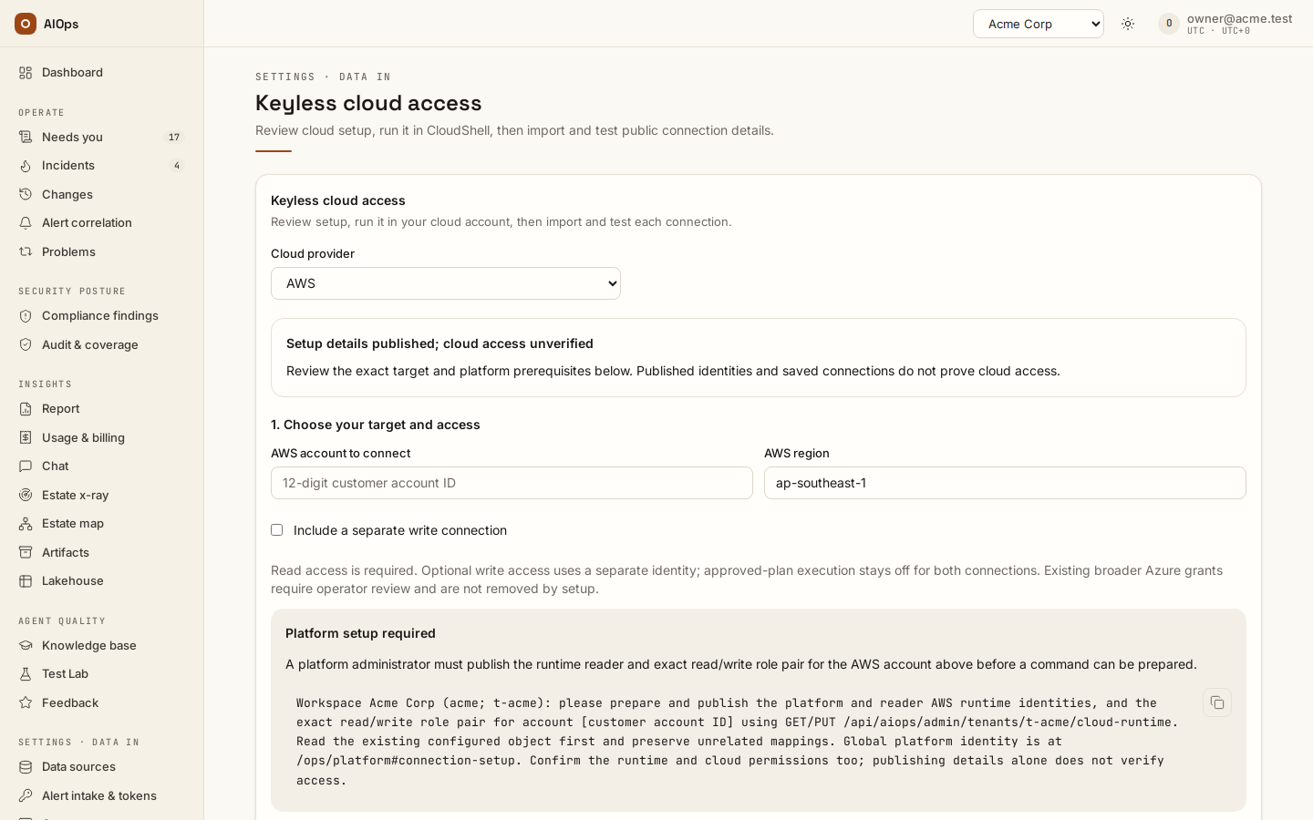 Keyless cloud access for AWS: the target account and region, the separate-write-connection option, and the platform-setup notice shown until the platform administrator has published the runtime identities.