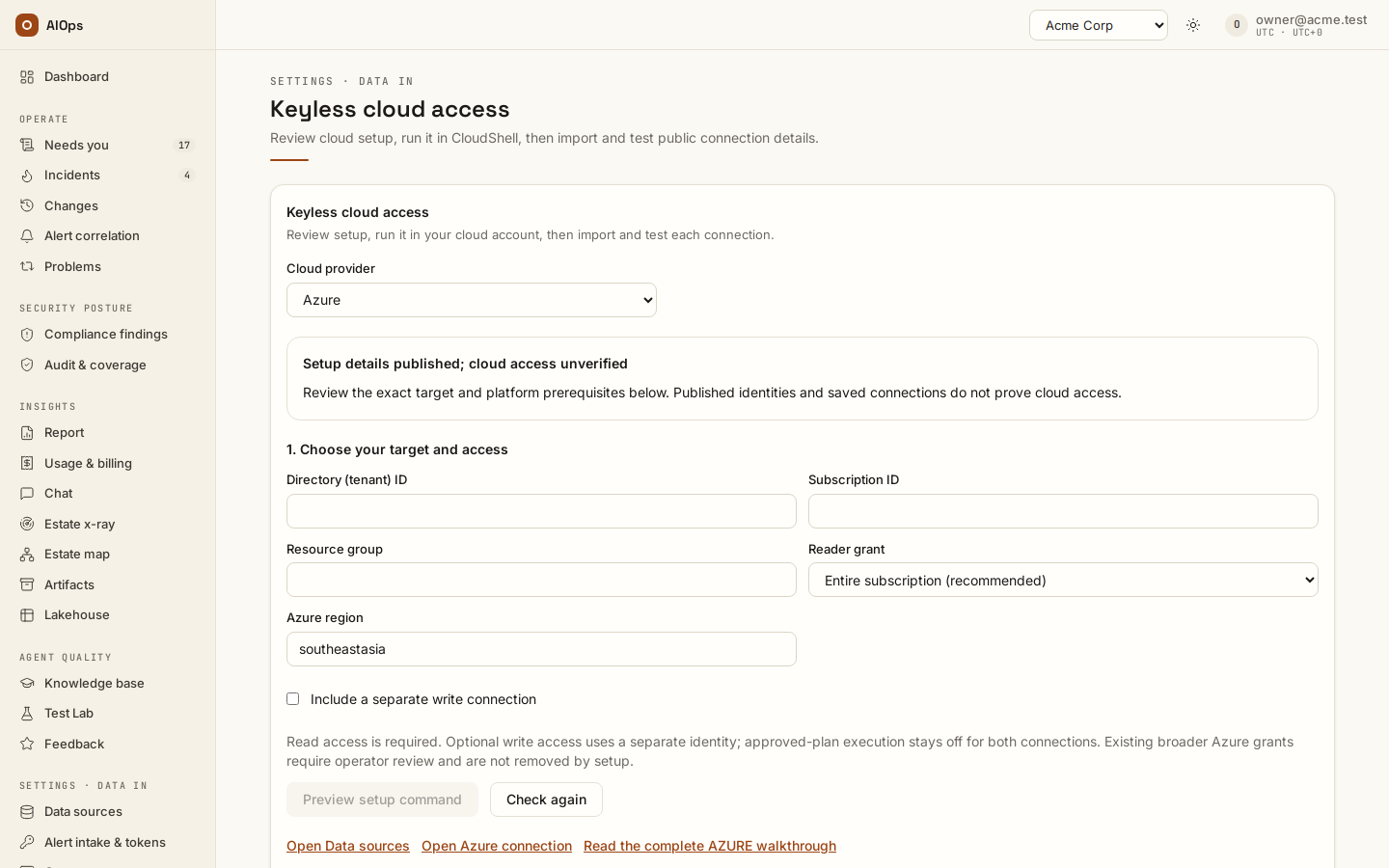 Keyless cloud access for Azure: directory, subscription, resource group, the reader grant scope and region, the separate-write-connection option, Preview setup command and Check again.