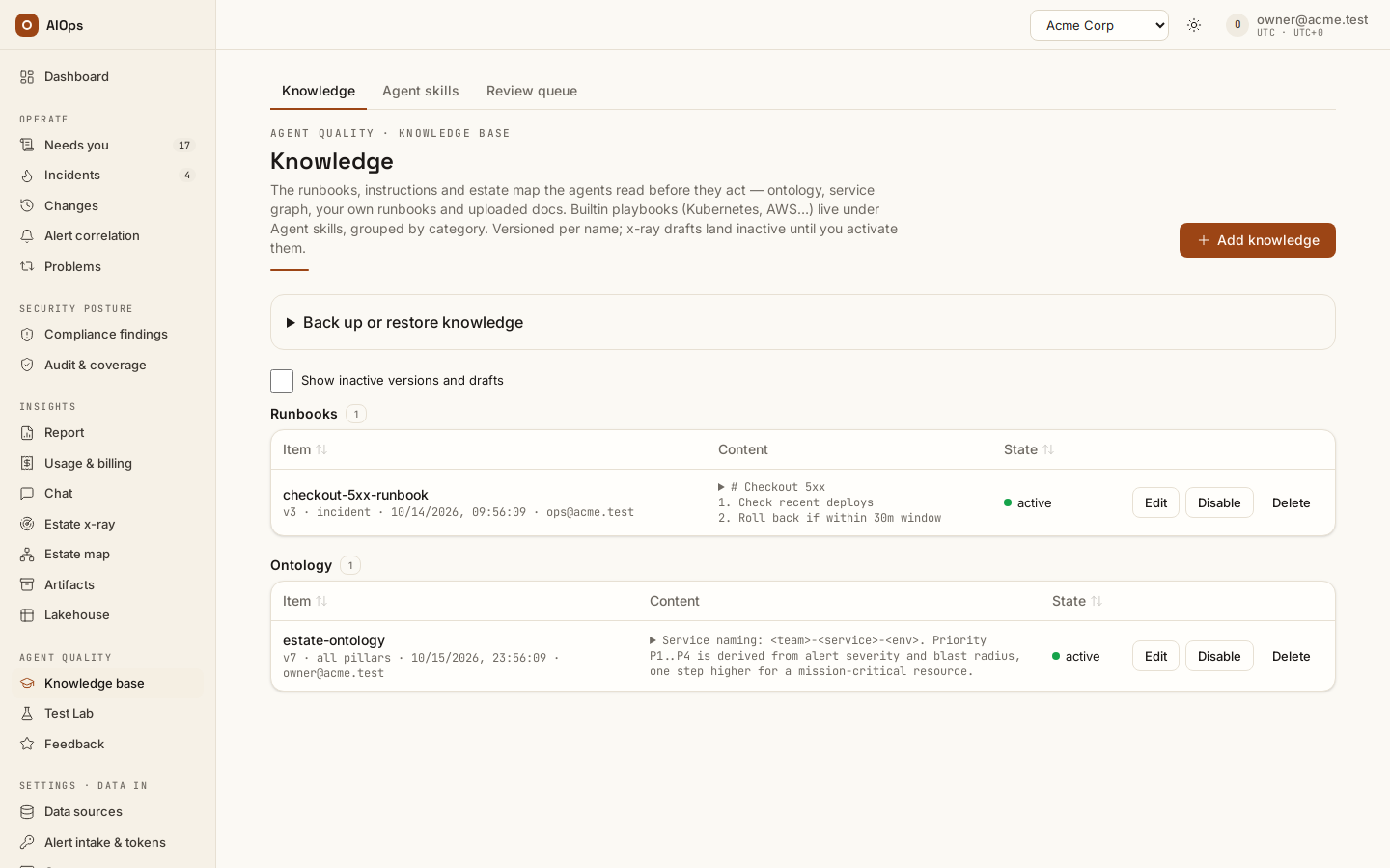 Knowledge base: runbooks and the ontology by category with version, author, state and Edit / Disable / Delete; Add knowledge, Back up or restore knowledge, and the switch for inactive versions and drafts.