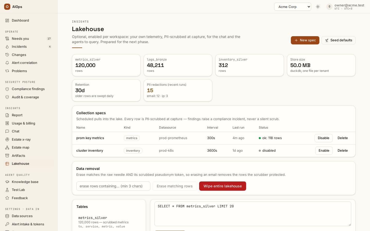 Lakehouse: row counts per table, the store size, the 30-day retention and recent PII redactions; the collection specs with kind, datasource, interval, last run and status; Data removal; then the tables list and the SQL box.