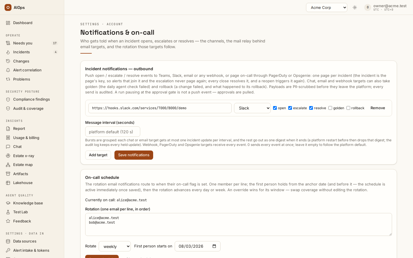 Notifications & on-call → Incident notifications — outbound: a Slack target with open, escalate and resolve ticked and golden and rollback offered, the message interval left on the platform default, Add target and Save notifications.
