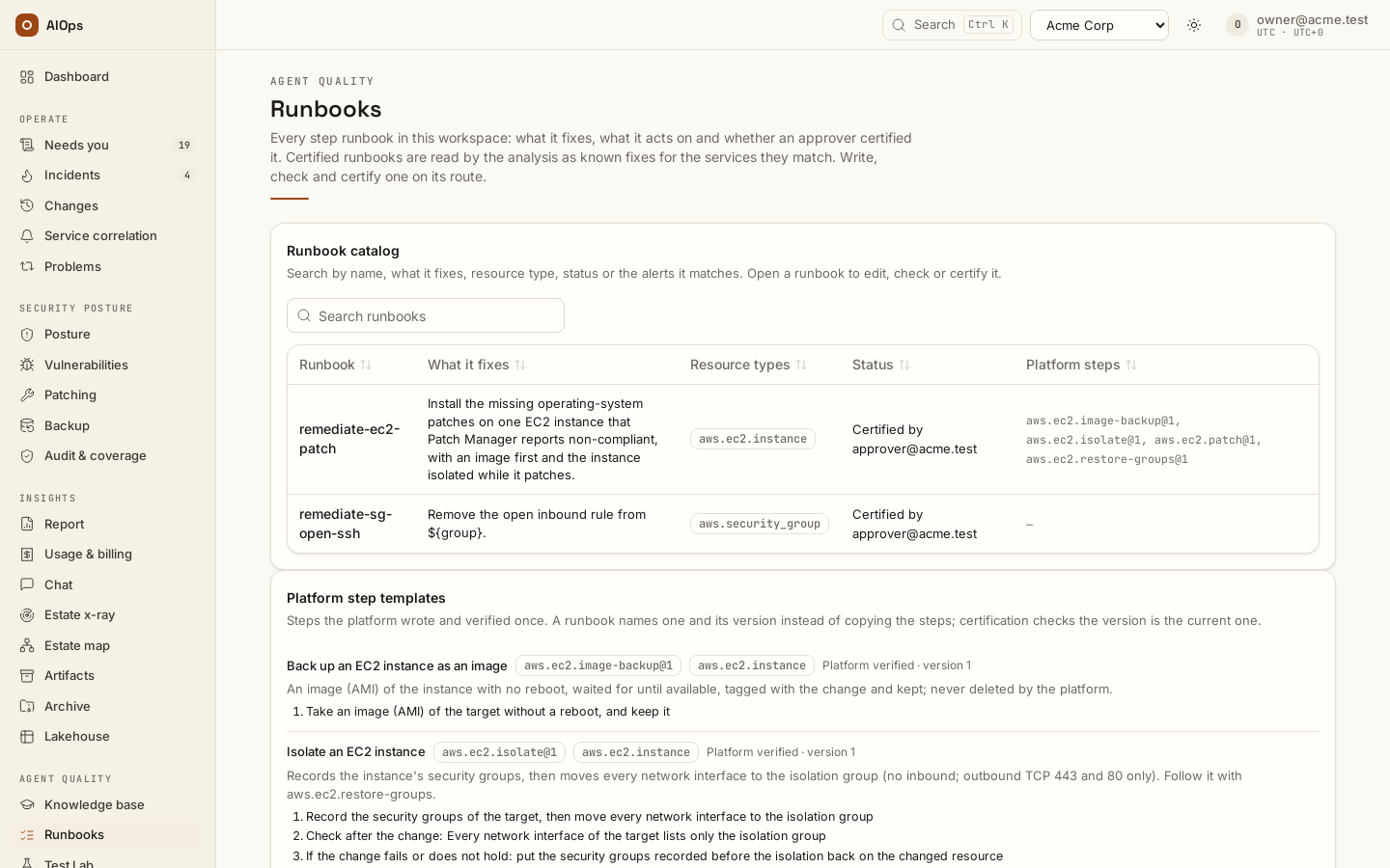 Runbook catalog: the runbooks with what each fixes, its resource types, its certification and the platform steps it references, above the platform step templates.