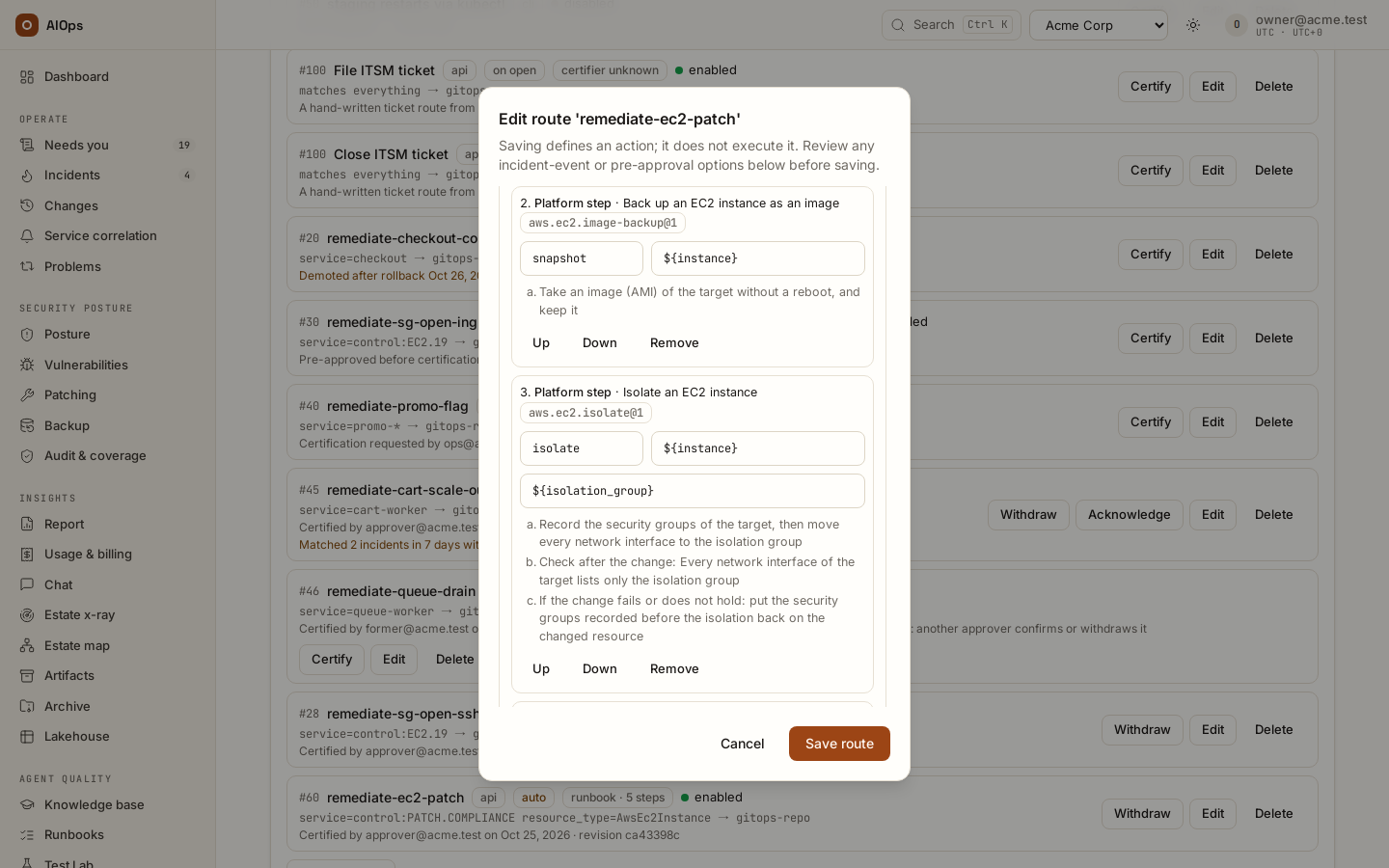 The route editor: the runbook's parameters, its check step, and the platform steps for the backup and the isolation with their targets, args and steps in plain words.