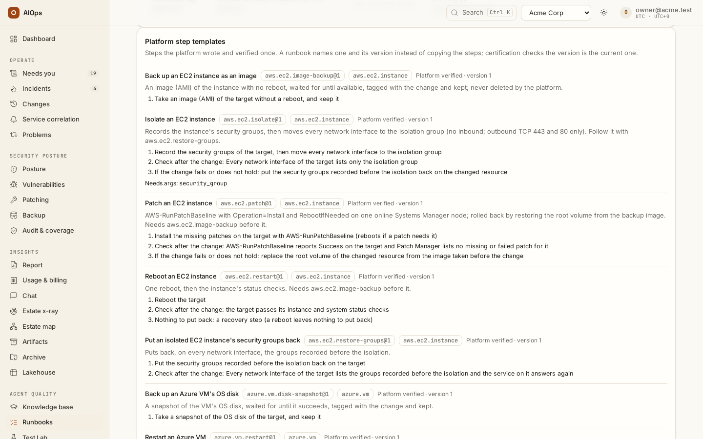 Platform step templates on the Runbooks page: each template's title, name and version, the resource kind it acts on and its steps in plain words.
