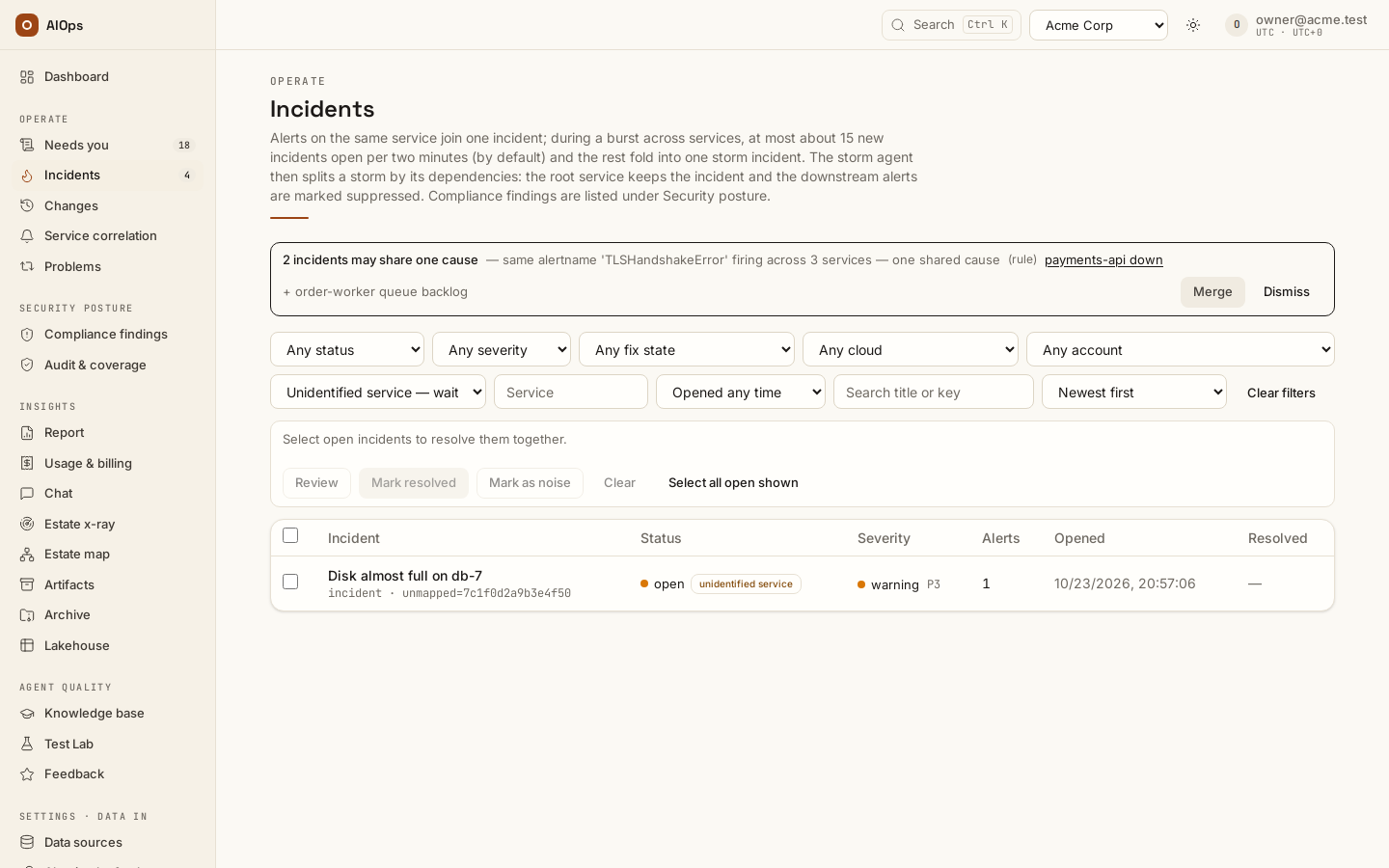 Incidents filtered to the triage queue: an alert that named no service is held open and marked unidentified service until someone analyses it or maps its source.